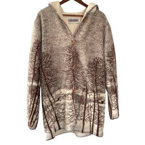 Vintage 90s Country Woods Fleece Hooded Jacket 2X Tan Cream Winter Forest Print